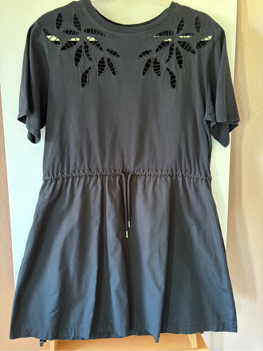See by Chloe Cutout Embroidered T-Shirt Dress Black Cotton Drawstring Medium